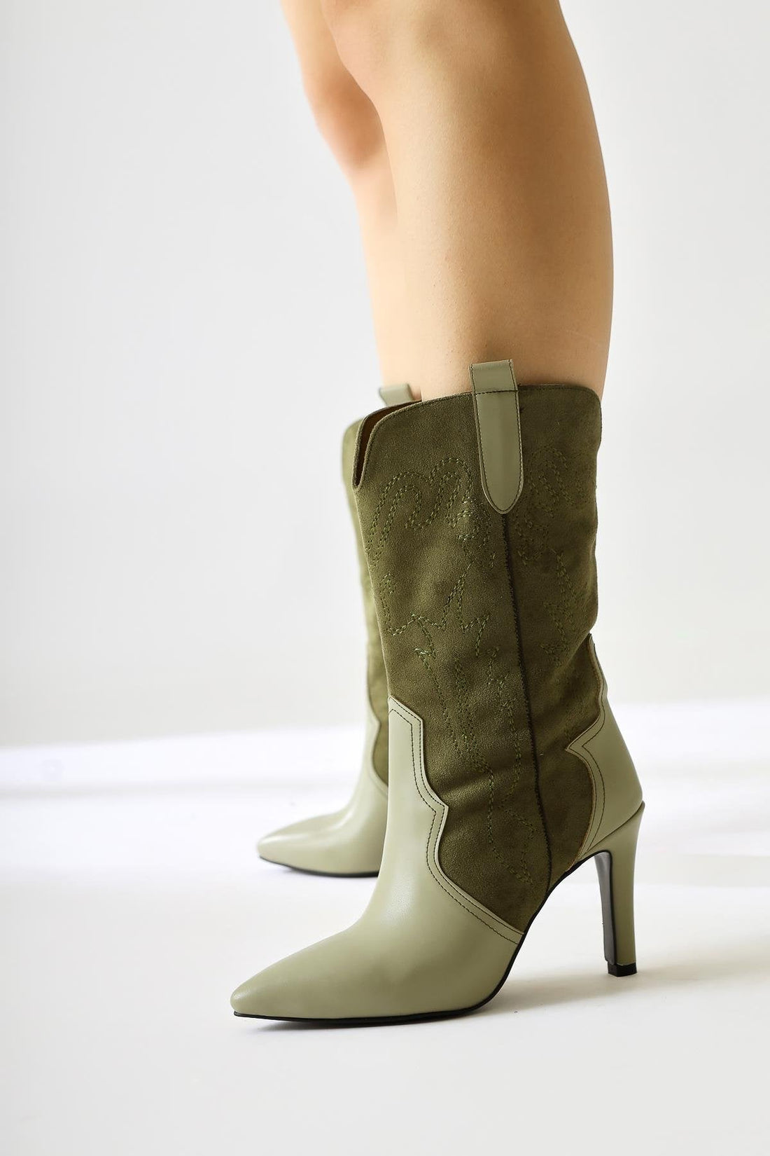 Abigael Khaki Suede Leather with Embroidery Detail Stiletto Boot