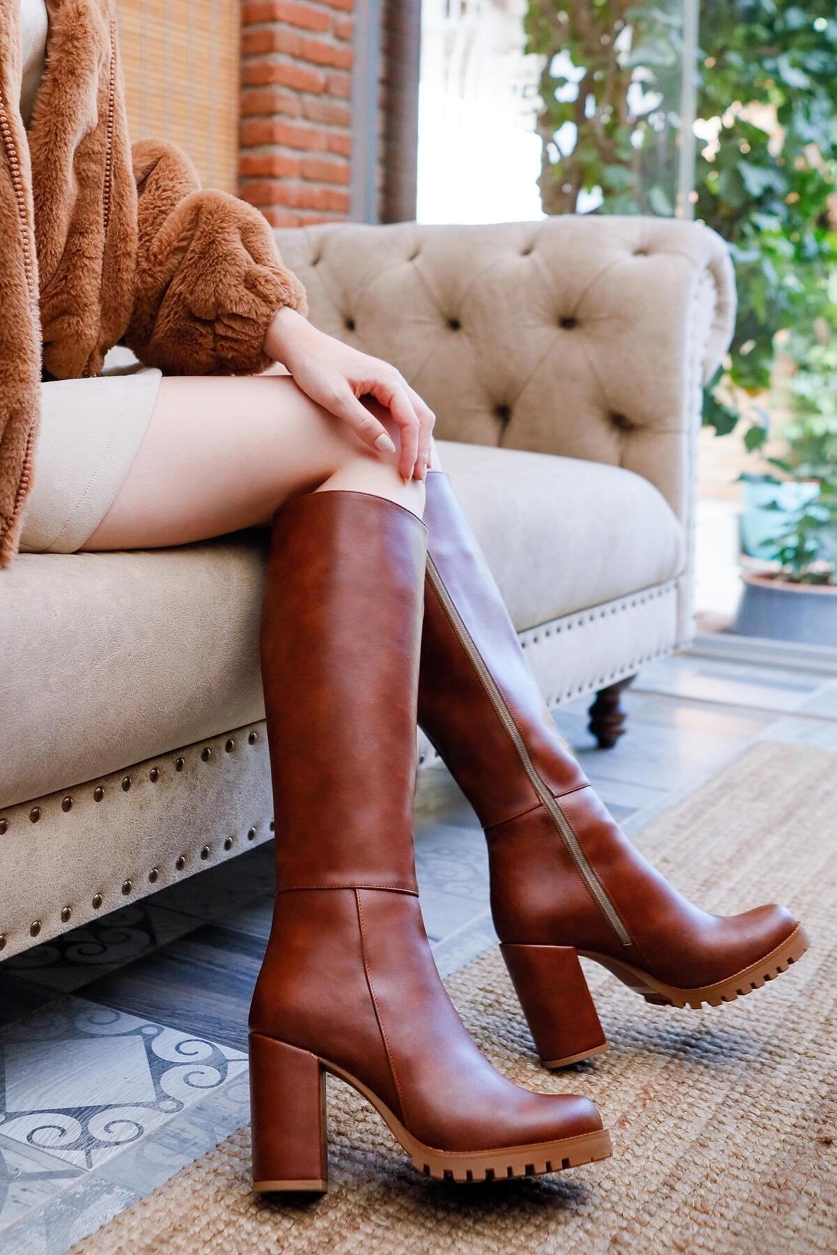 Elias – Cognac Zippered Platform Block Heel Knee-High Boot (Women)