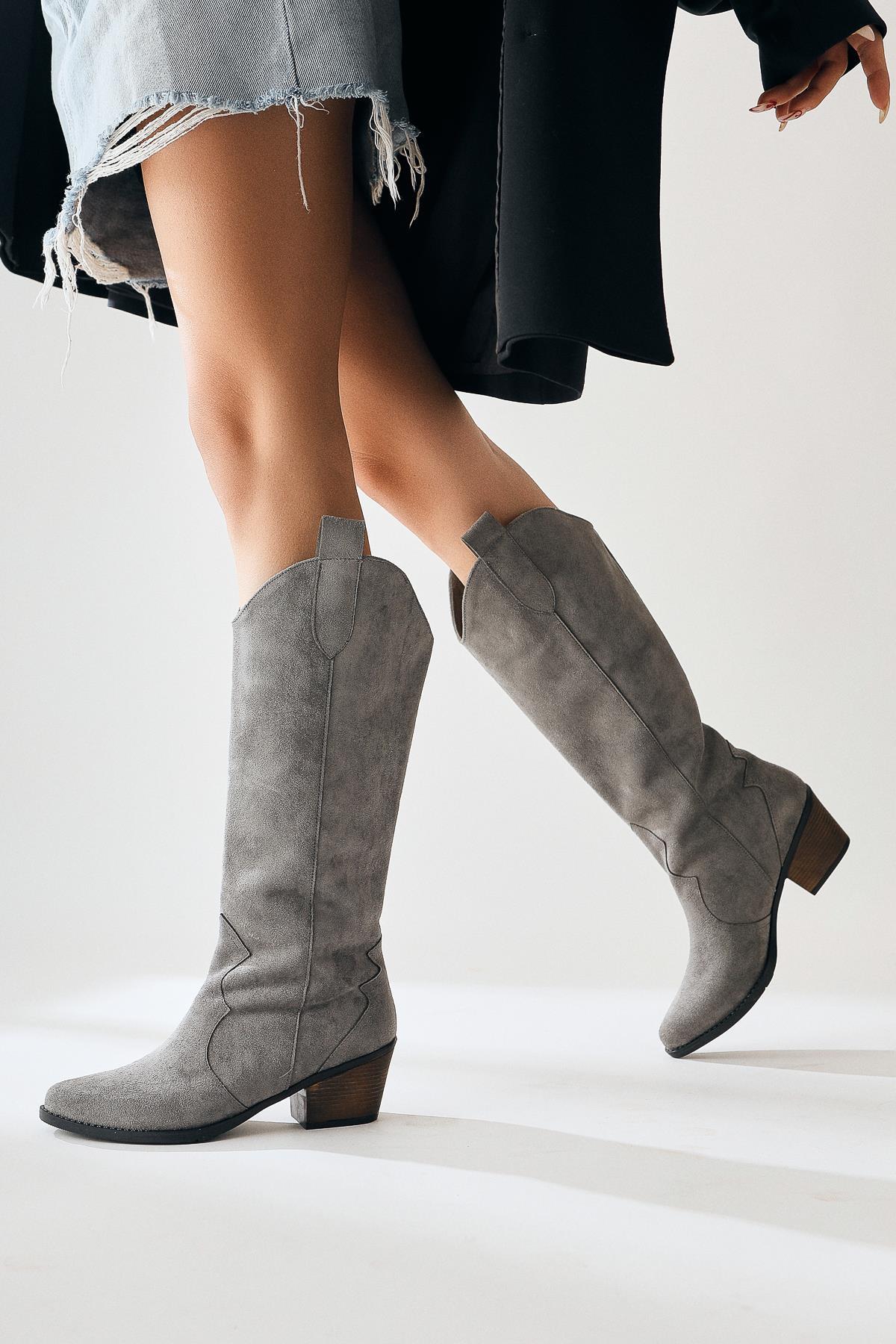 Lhena – Gray Suede Western Pull-On Knee-High Boot (Women)