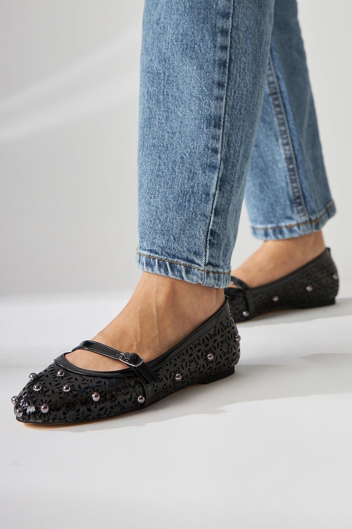 Jara Black Patent Ethnic Pattern Perforated Women’s Ballet Flats