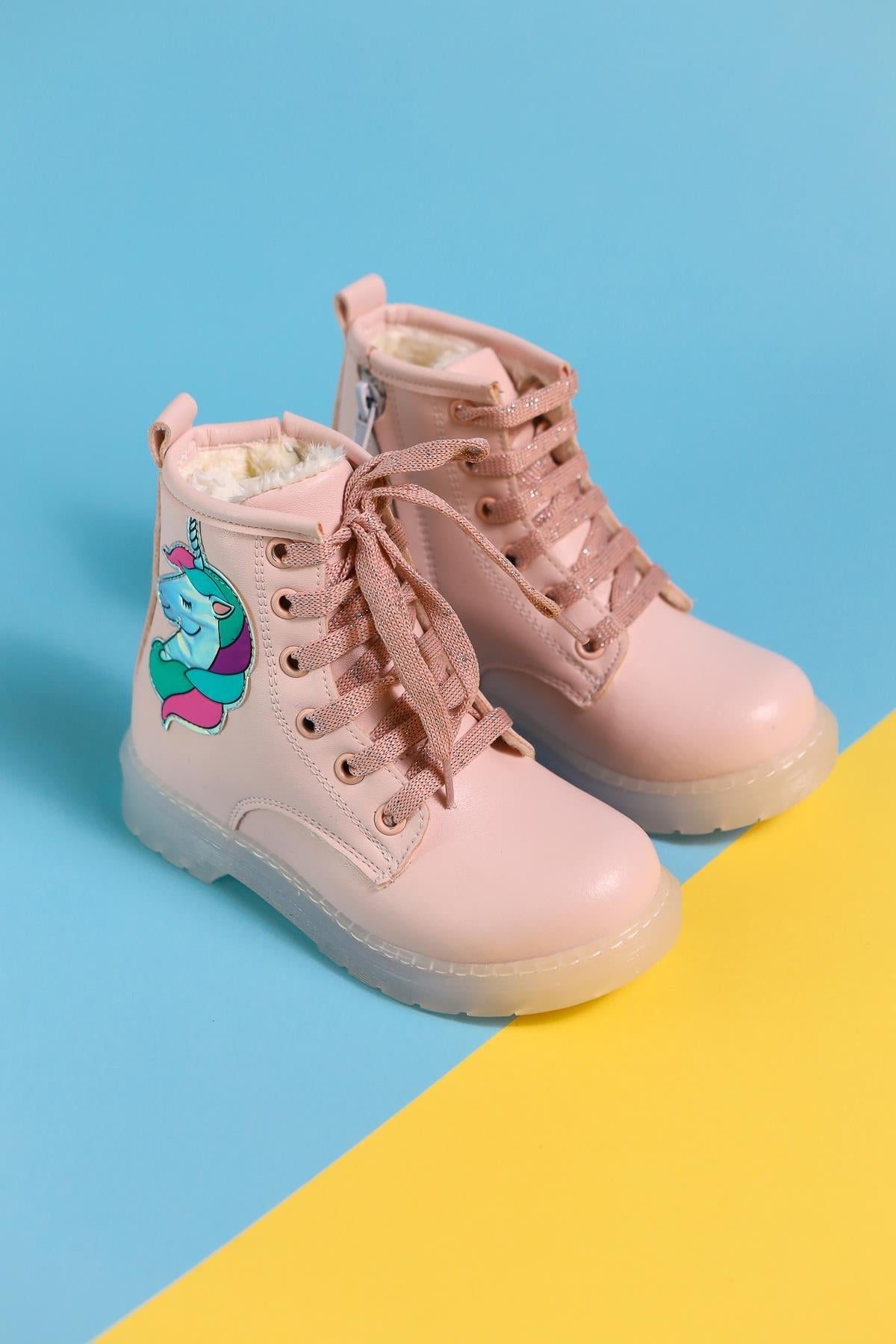 Jolene Powder Pink Unicorn Patch Light-Up Lace-Up Kids' Boots