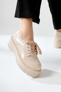 Alisson Beige Patent Leather Oval Toe Thick Soled Casual Shoe