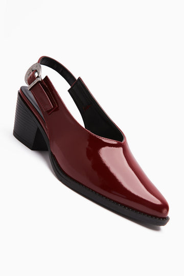 Emira Burgundy Patent Leather Pointed Toe Closed Front Women's Sandal