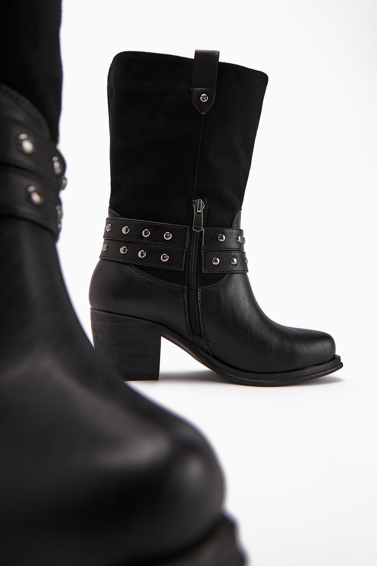 Catrin Black Studded Heeled Women's Boot