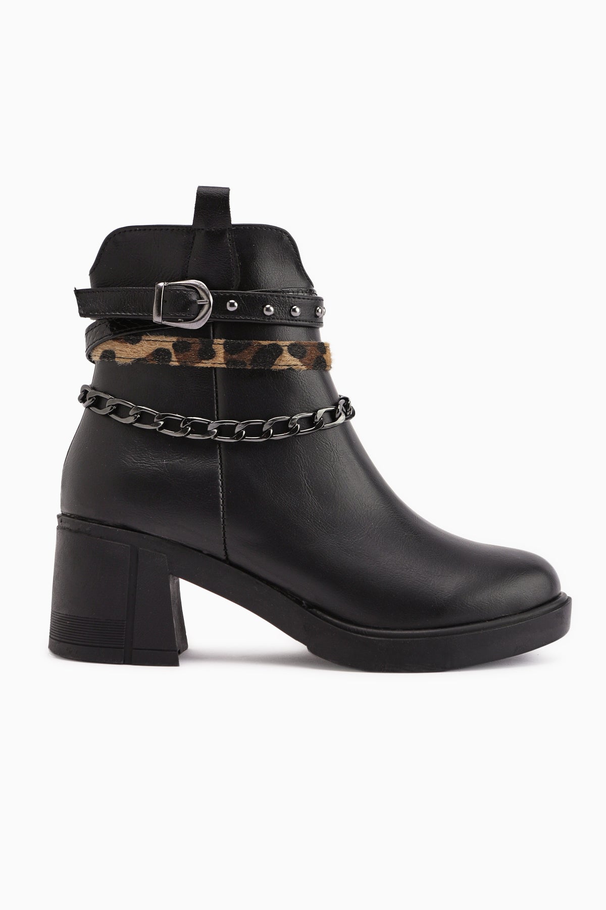 Anissa - Black Chain-and-Belt-Detail Block Heel Boot (Women)