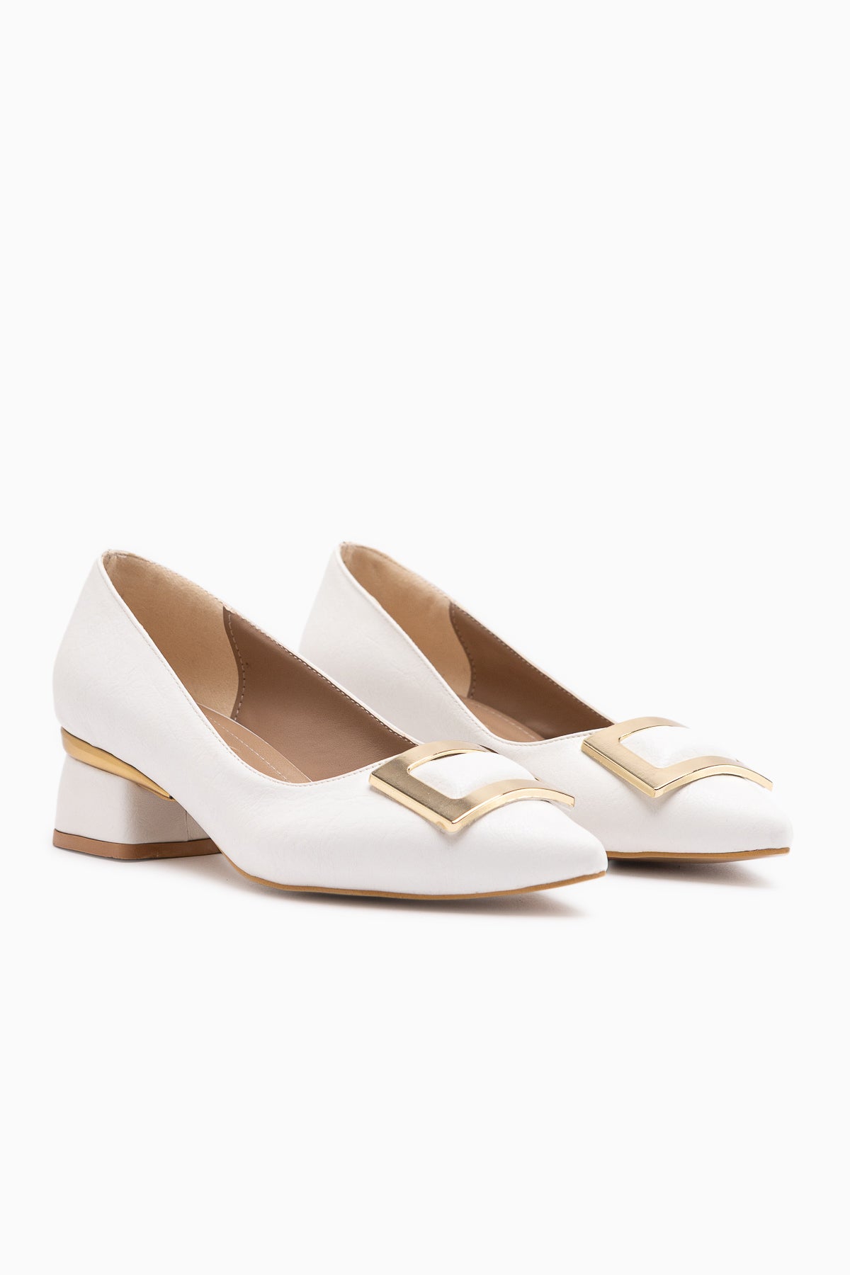 Charoline White Buckled Short Heeled Pointed Shoes