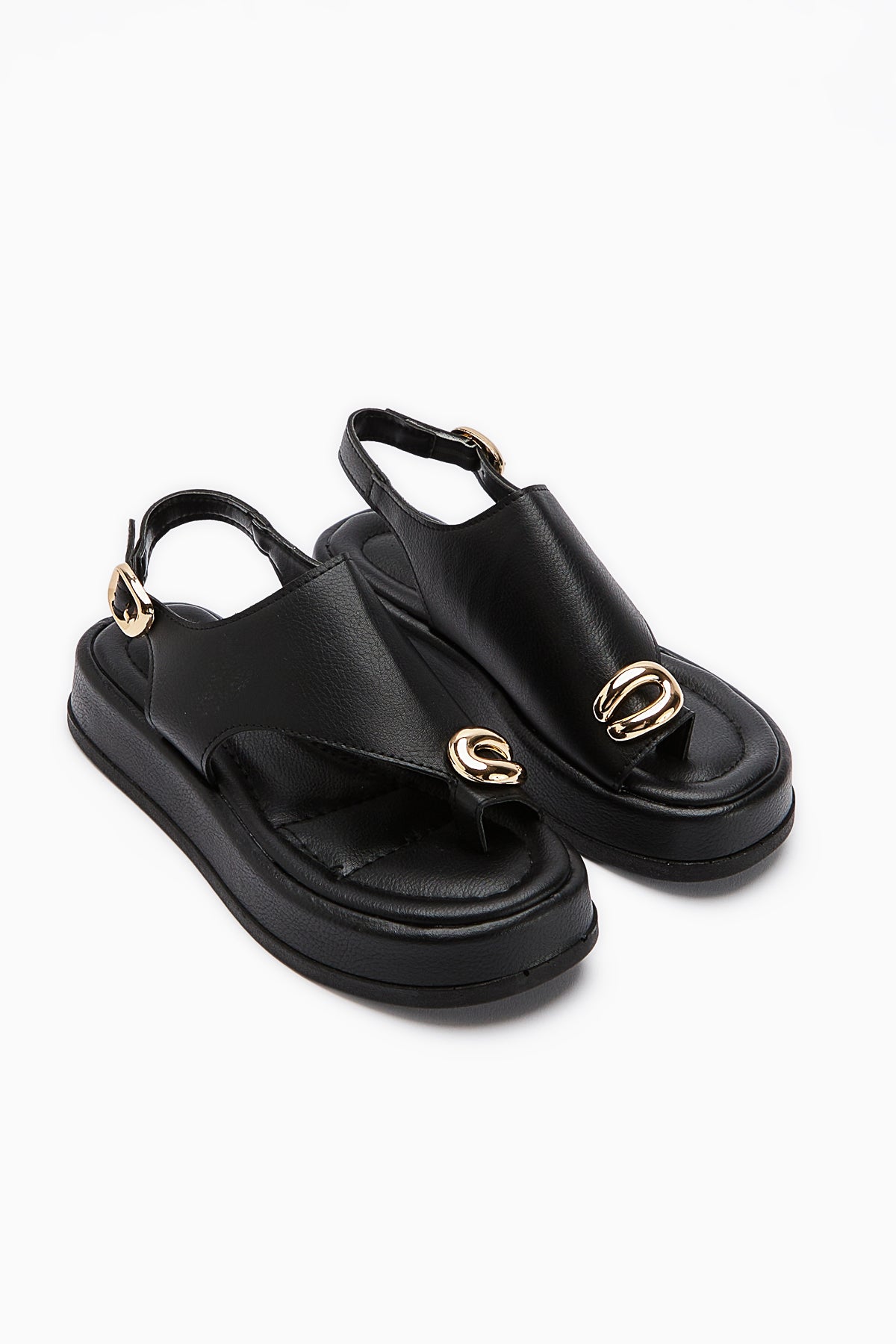 Troya Black Toe-Post Buckled Women's Sandals