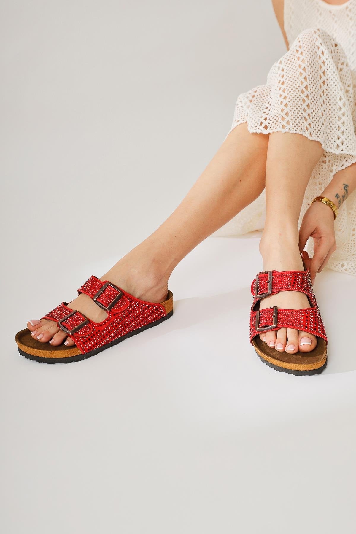 Aire Red Double-Strap Slides with Stone Detail