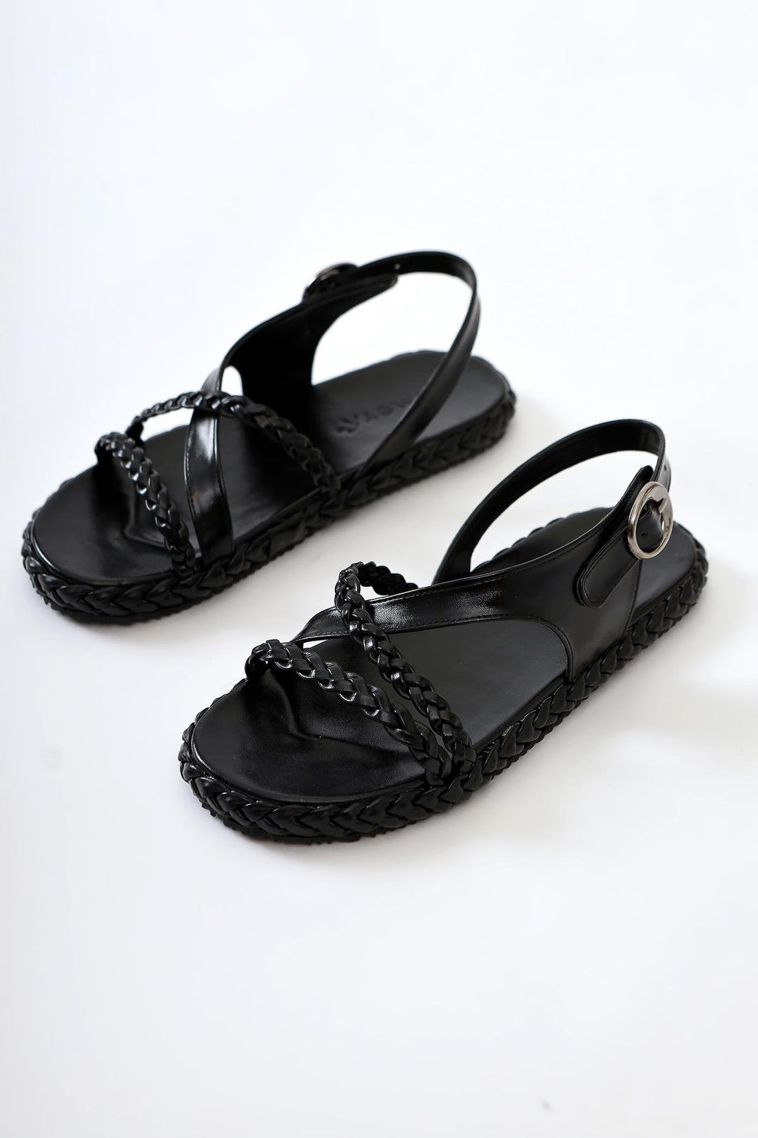 Nera Black Patent Woven Strap Sandals