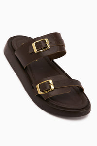 Matea Genuine Leather Brown Double Strap Women’s Slippers