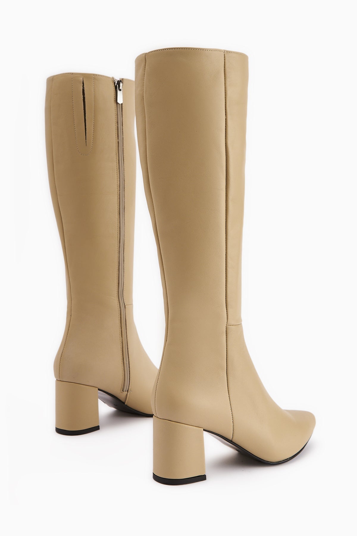 Velma – Genuine Leather Beige Heeled Knee-High Boot (Women)