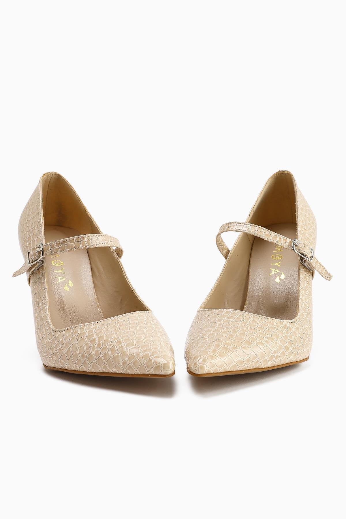 Beate Beige Crocodile Leather Print Pointed Toe Heeled Women’s Shoes