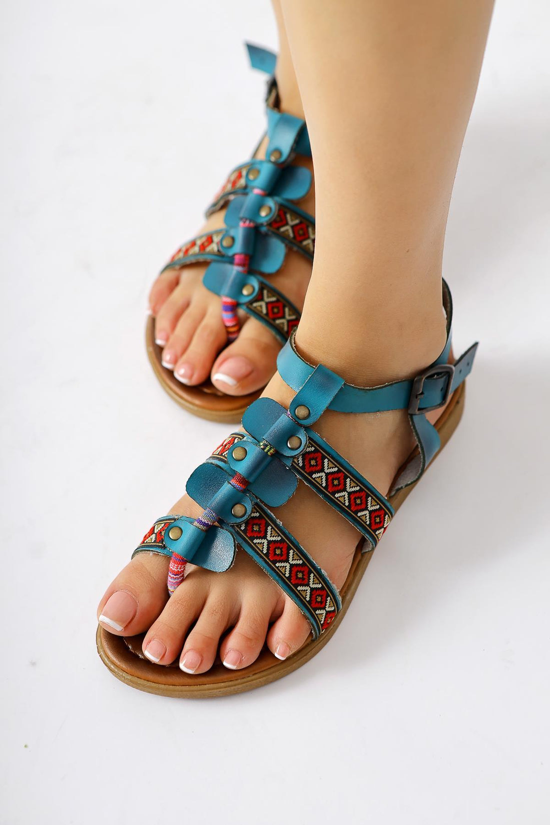 Heam Turquoise Ethnic Patterned Genuine Leather Sandals