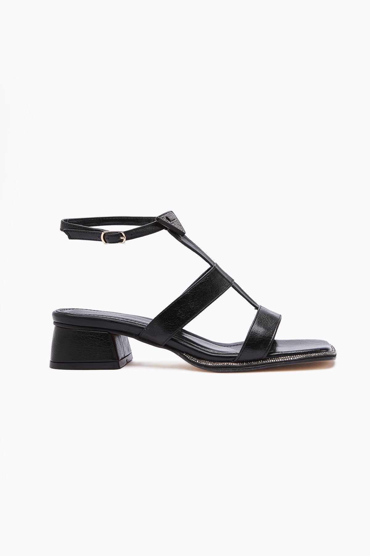 Shara Black Stone Detail Low-Heeled Women's Sandal