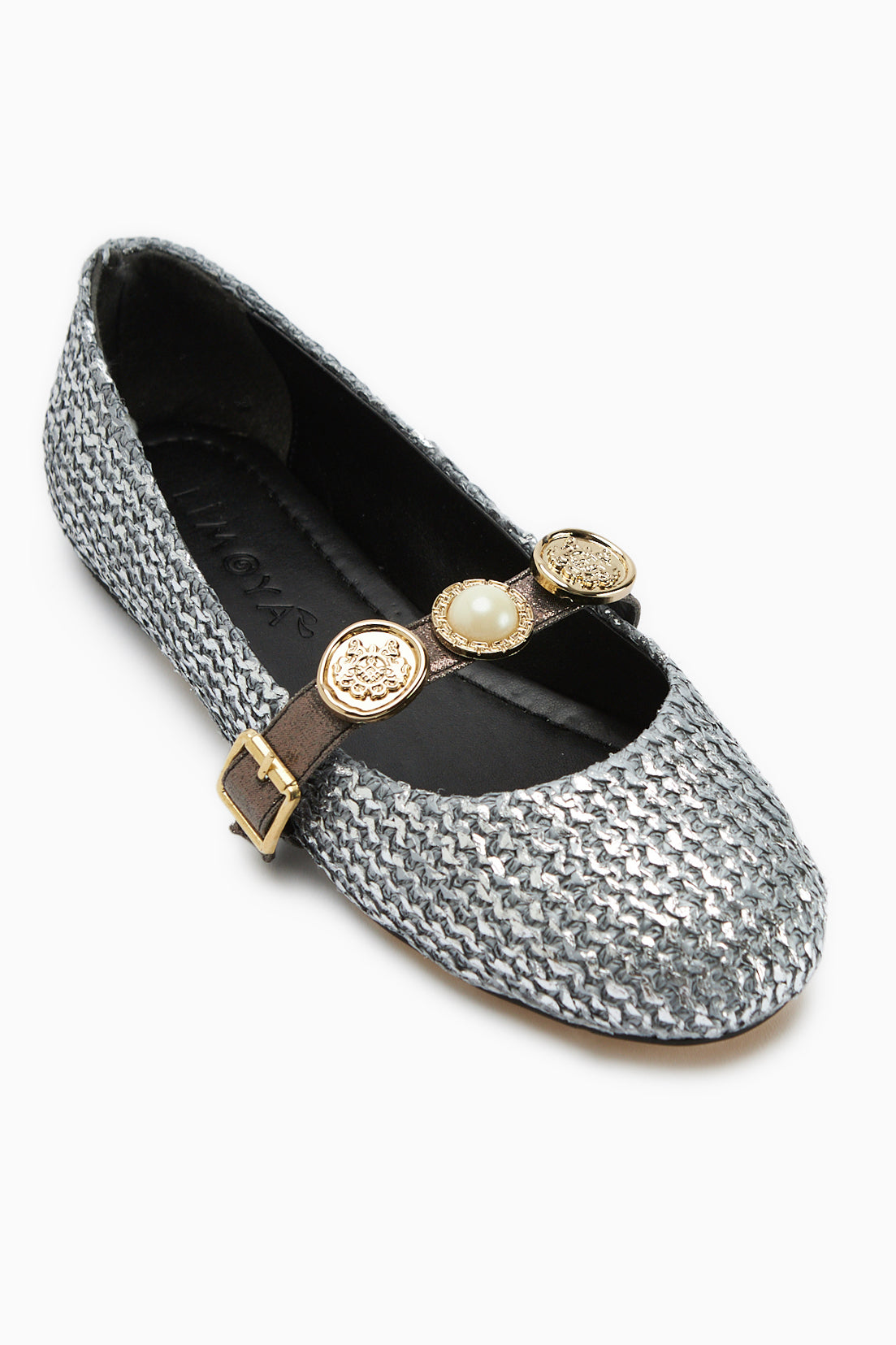 Sufia Platinum Buckled Woven Women’s Ballet Flats