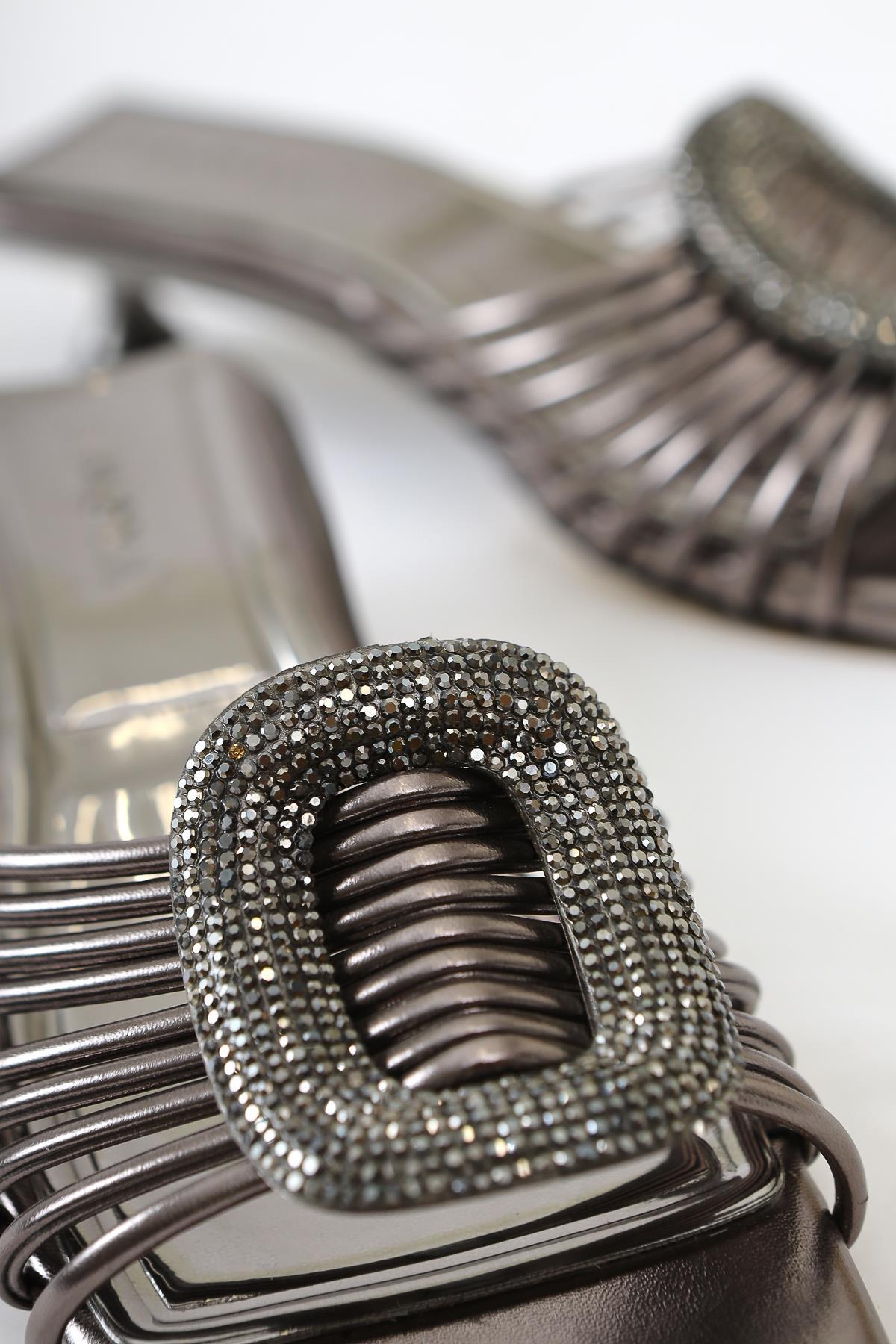 Katerin Platinum Patent Leather Sandals with Stone Buckle Detail