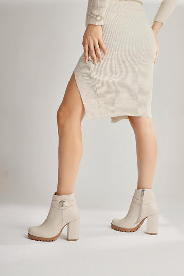 Destina – Beige Round-Toe Ankle-Accessory Heeled Boot (Women)