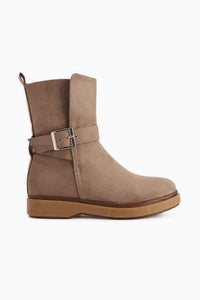Behnoush Beige Suede Oval Toe Buckle Detailed Women’s Boots