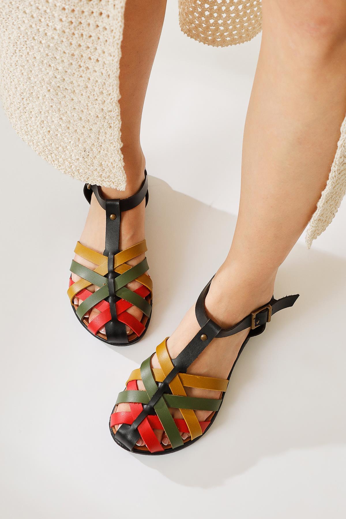 Agi Black Genuine Leather Cross Woven Strap Sandal