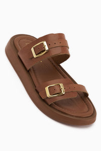 Genuine Leather Matea Tan Double Strap Women’s Slippers