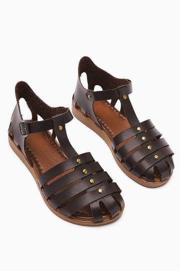 Tori Genuine Leather Coffee Four-Strap Adjustable Flat Sandals
