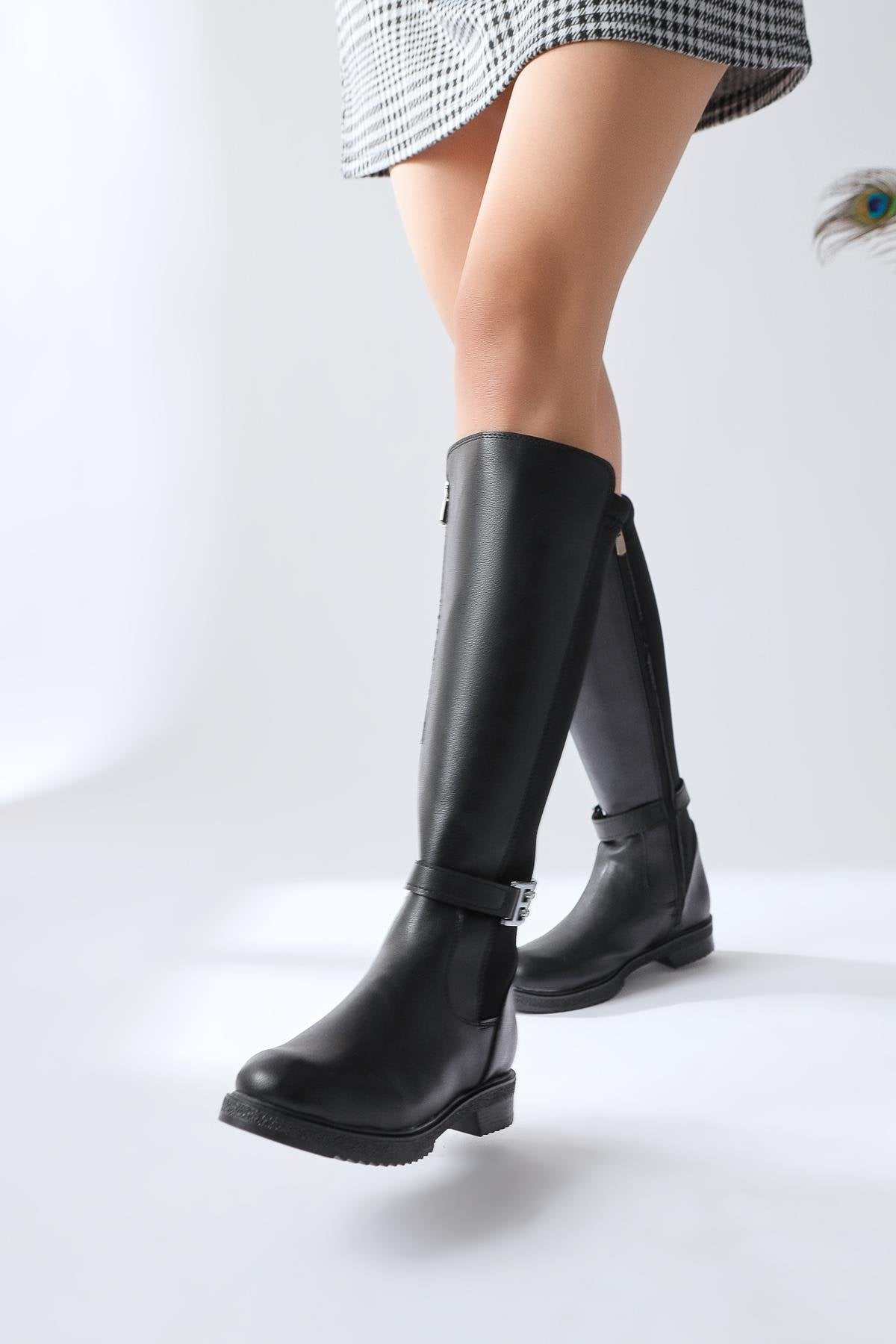 Mountaha – Black Neoprene Cuff Accessory-Detail Low-Heel Knee-High Boot (Women)