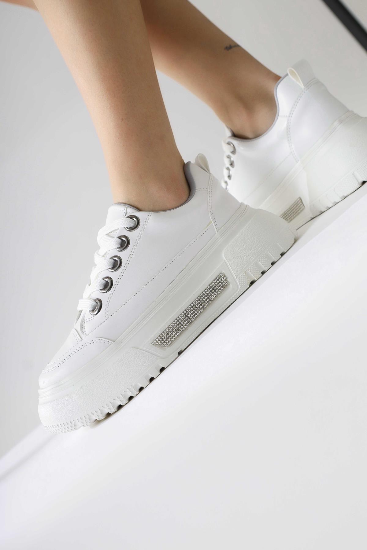 Rosella White Thick Soled Lace-Up Sneakers with Stone Detail