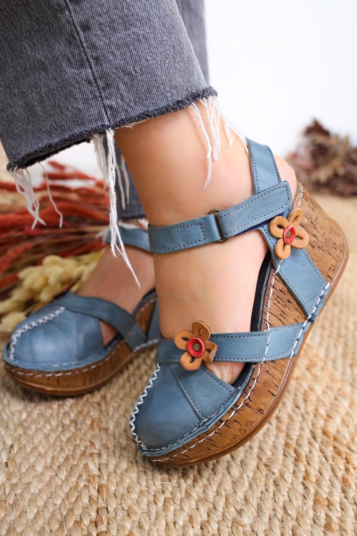 Katlyn Genuine Leather – Navy Flower-Detail Closed-Toe Wedge Sandal (Women)