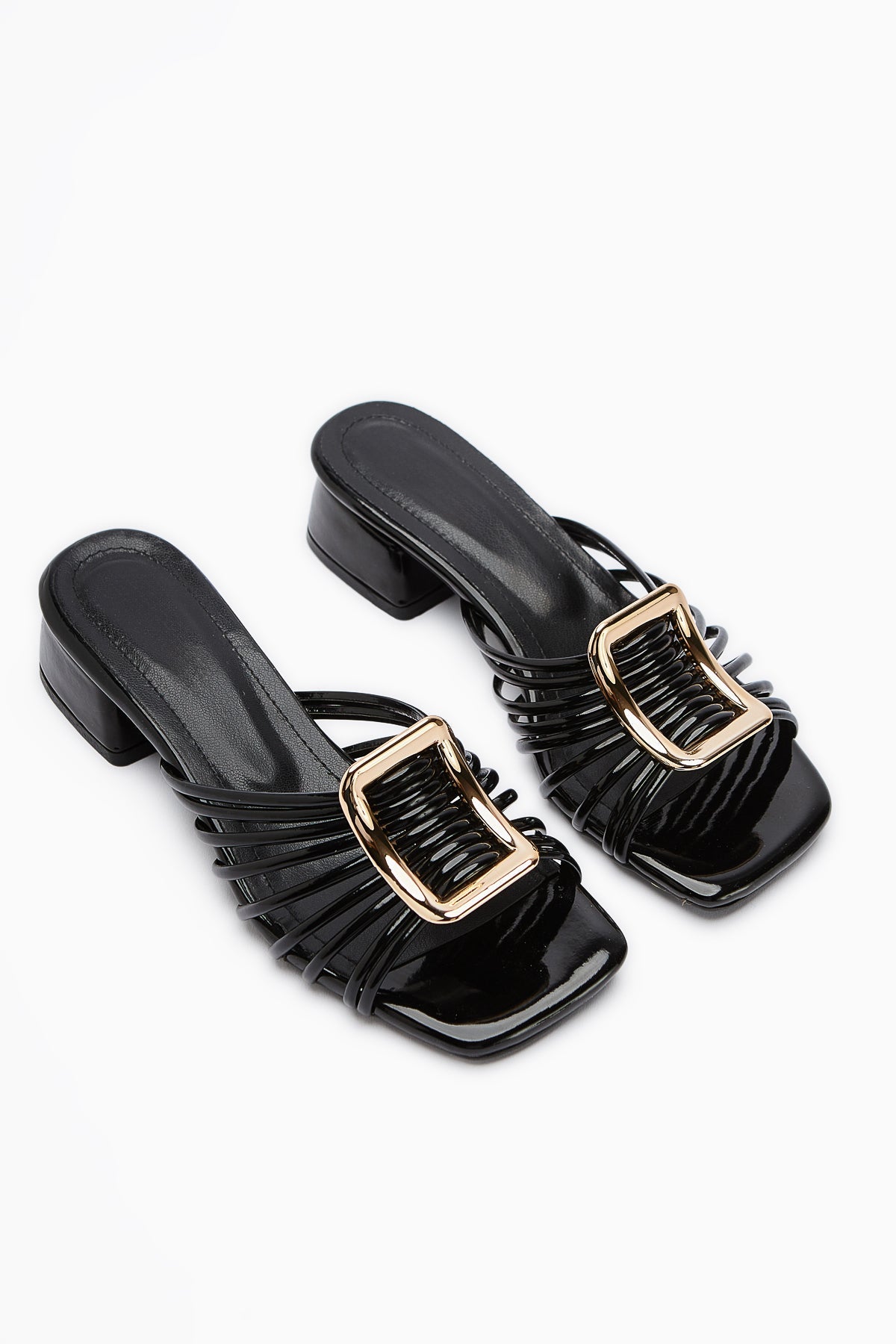 Greta – Black Patent Thick-Buckled Low Heel Slide (Women)