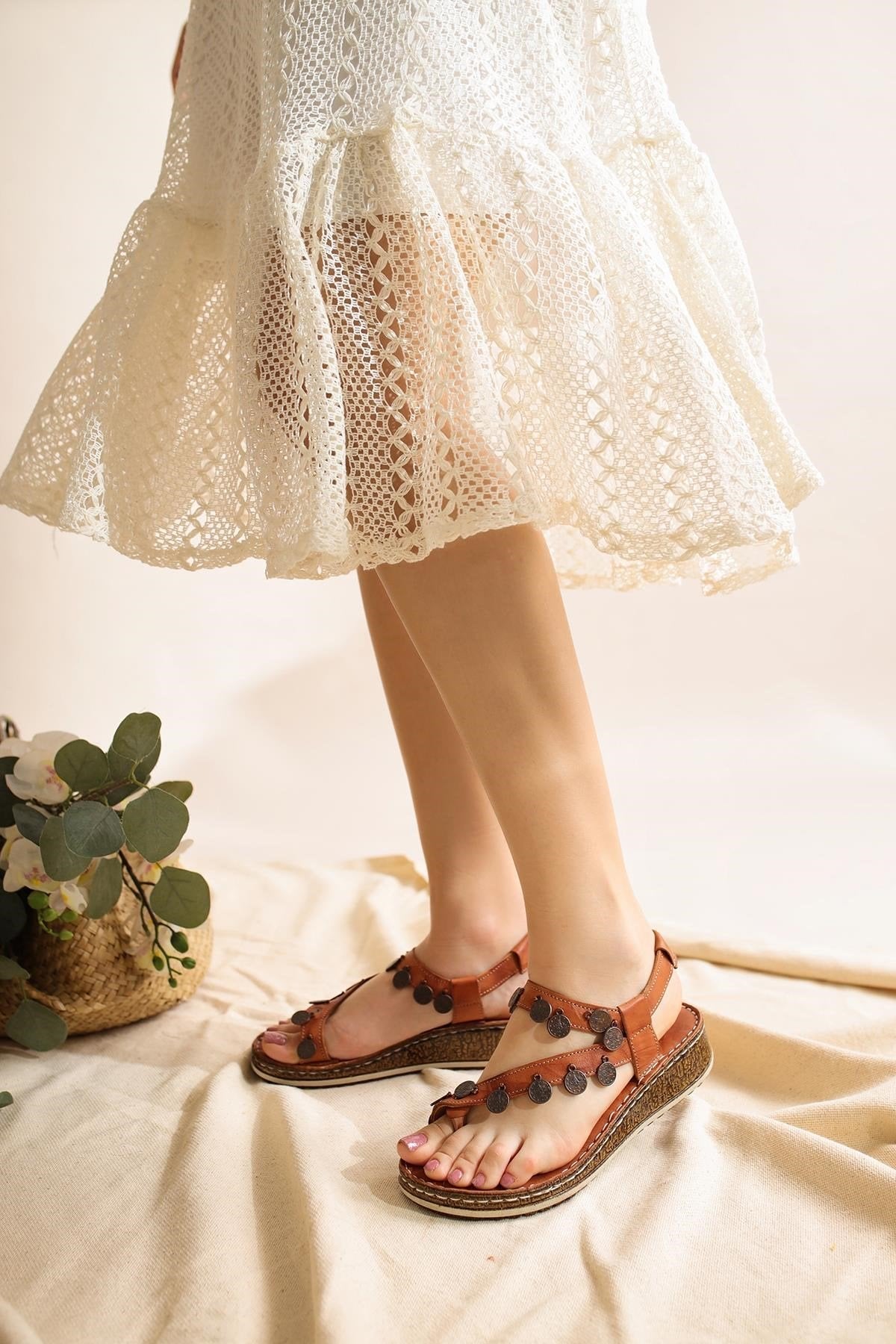 Lilah Genuine Leather Sandals in Taba with Antique Detail
