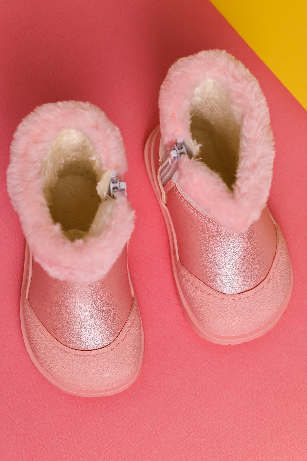 Elea Powder Pink Striped Character Print Fur-Lined Baby Boots