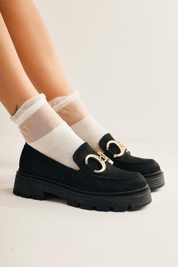 Renia – Black Suede Buckle-Detail Oxford Shoe (Women)