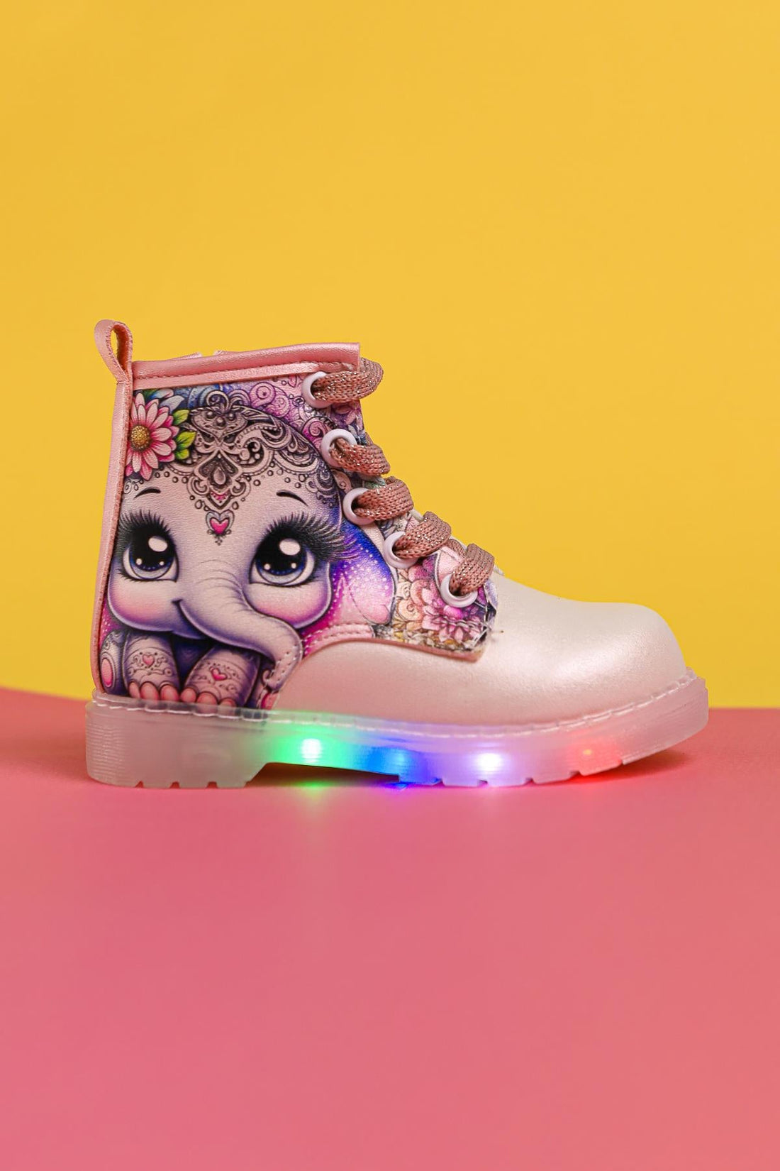 Janny Mother of Pearl Striped Character Print Lace-Up Light-Up Baby Boots