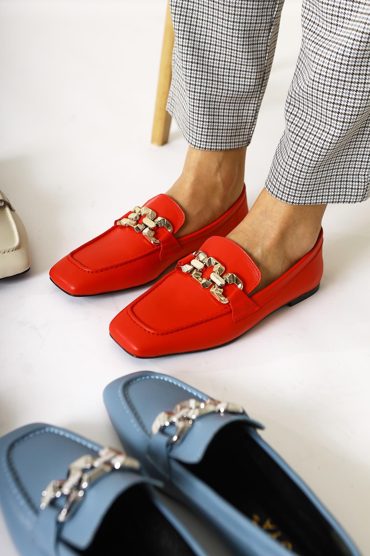 Asmin Genuine Leather – Red Buckle-Detail Round-Toe Casual Shoe (Women)