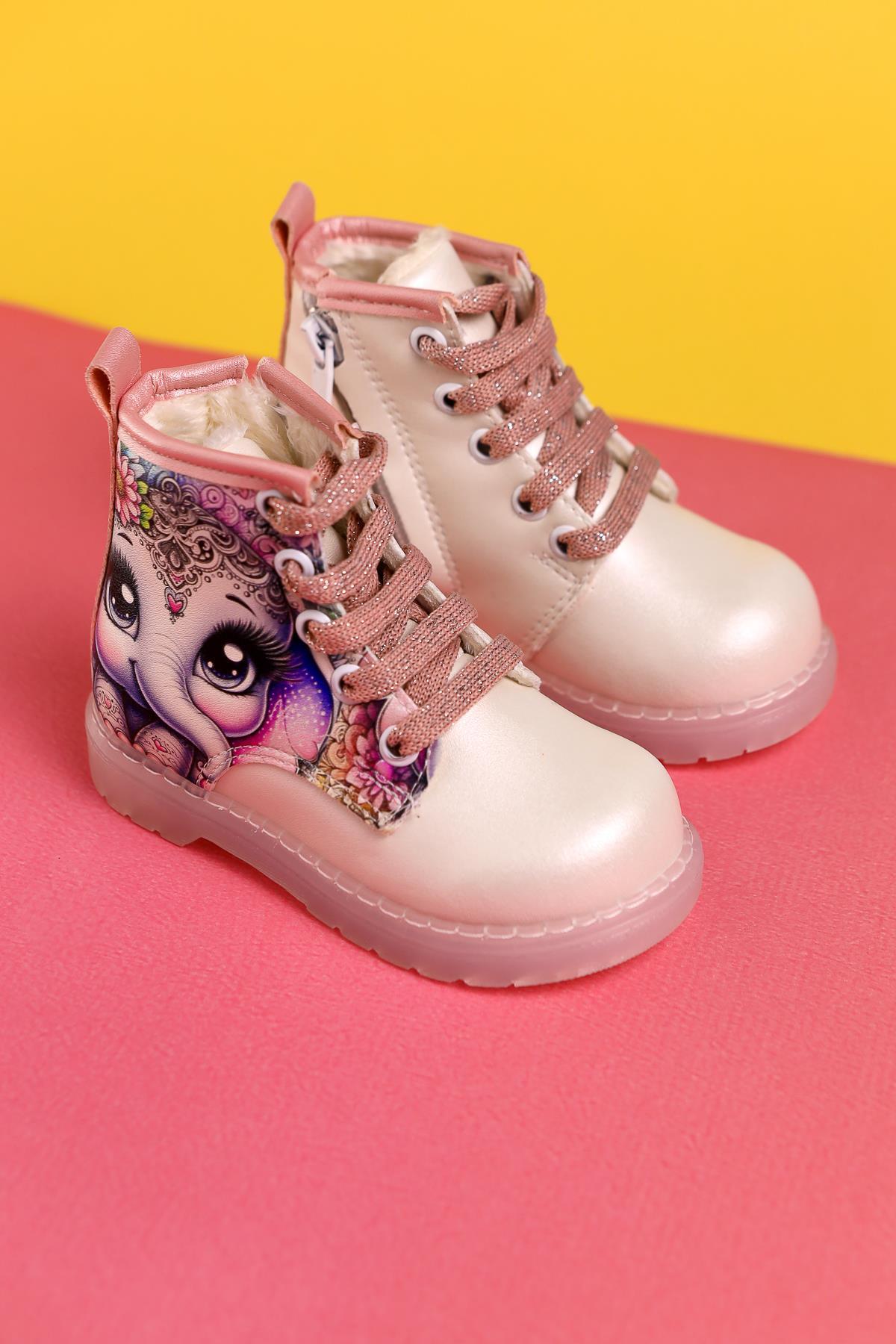 Janny Mother of Pearl Striped Character Print Lace-Up Light-Up Baby Boots