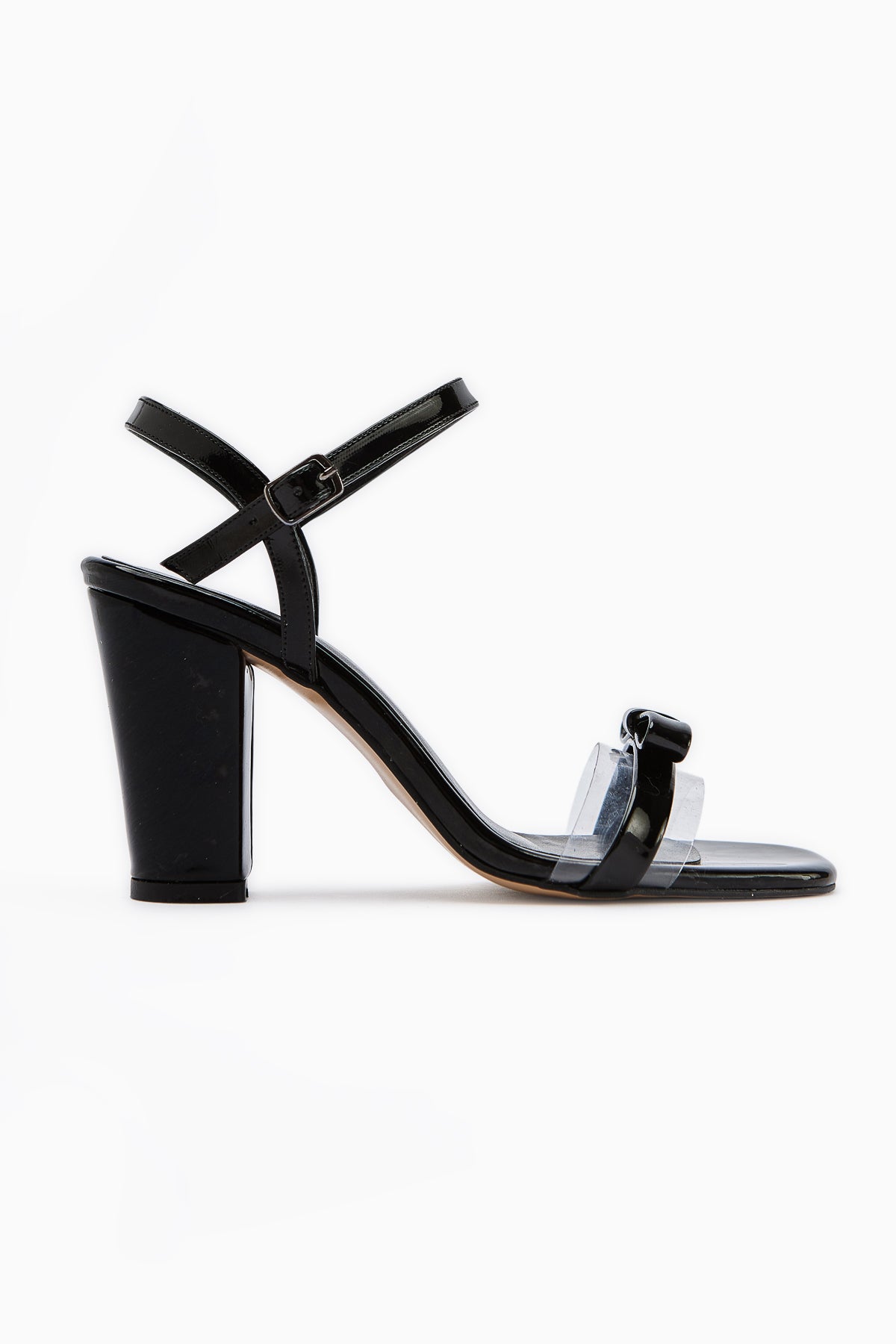 Joyce Black Patent Thick Heeled Ankle Strap Bow Women’s Sandal