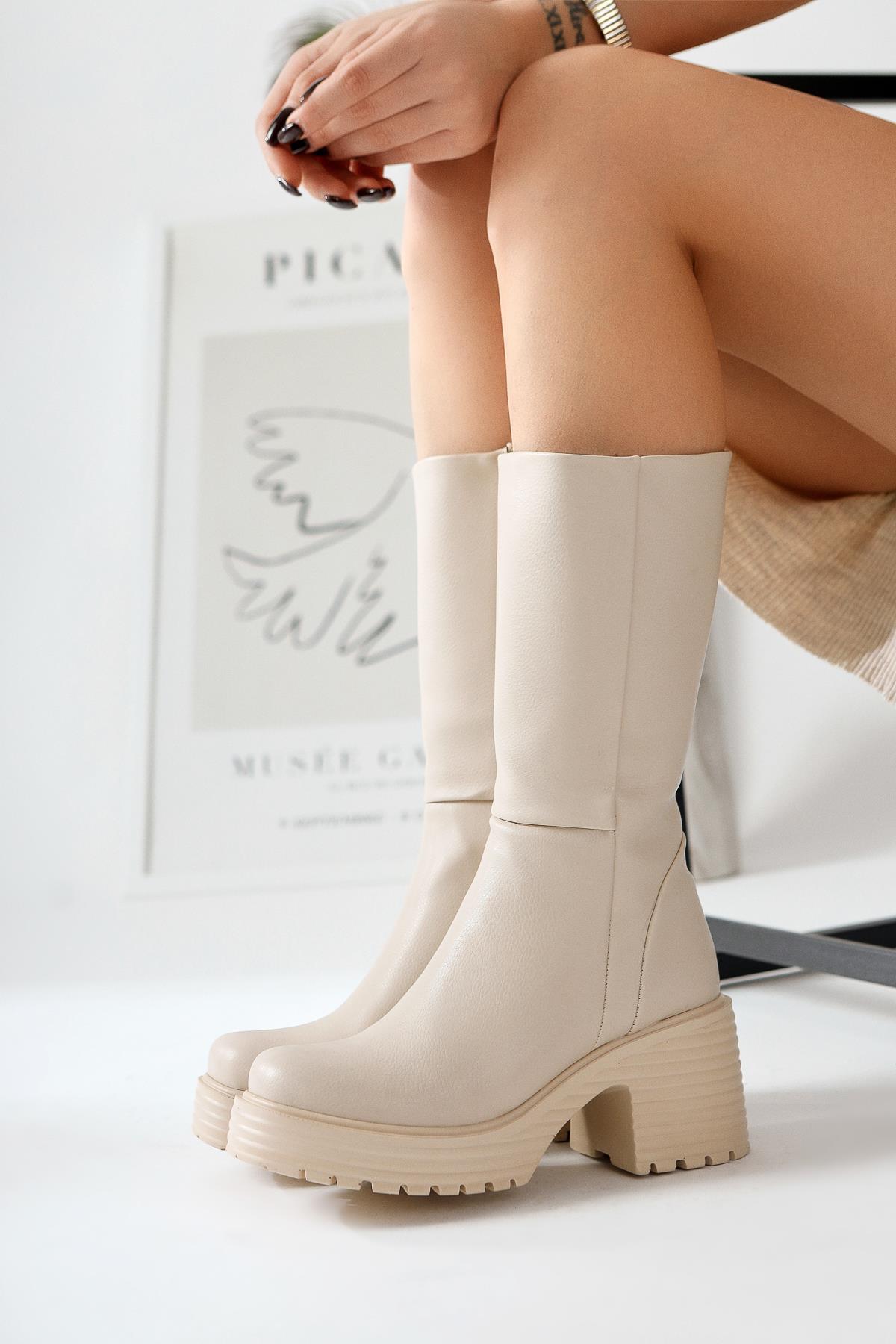 Roseann – Beige Thick-Sole Platform Tall Boot (Women)