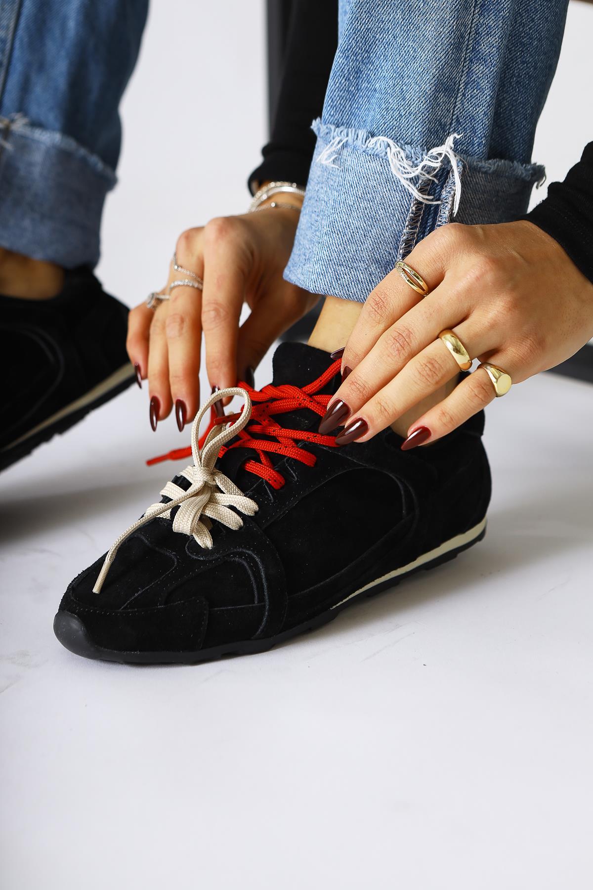 Sue Genuine Leather Black Suede Double Lace Sneakers