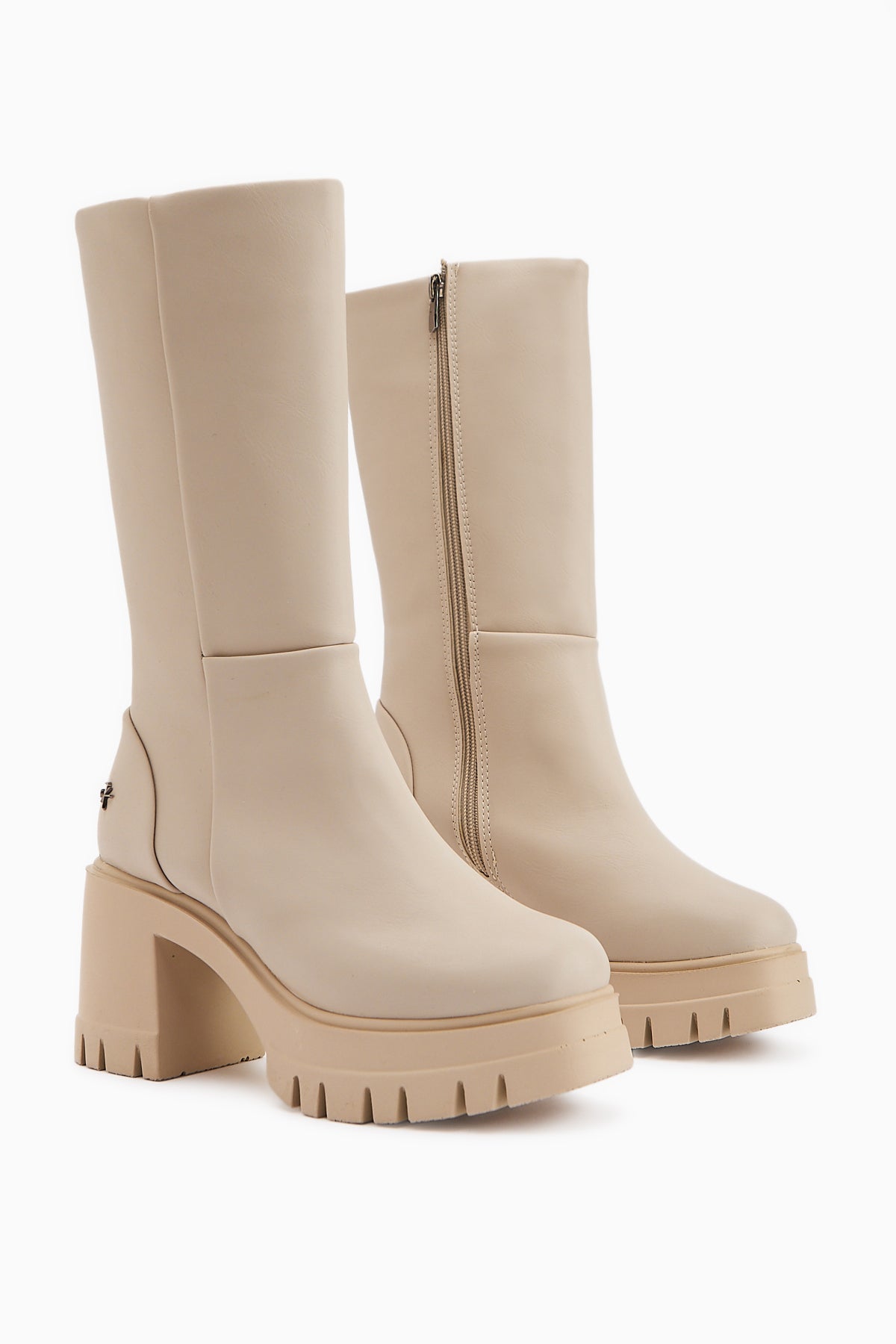Chelsie Beige High Heeled Platform Short Boots