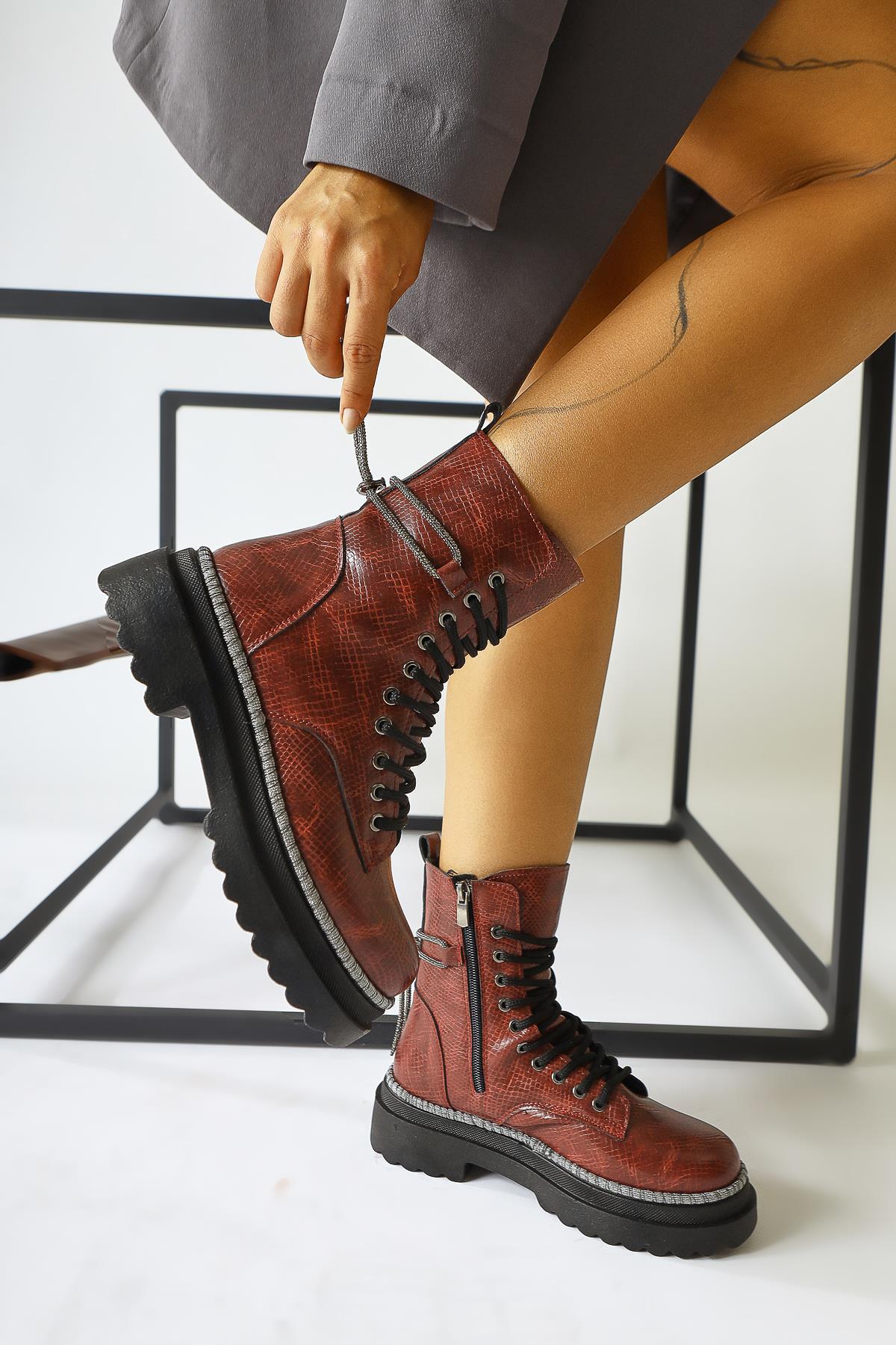 Dylan – Burgundy Shiny-Piped Ankle-Strap Combat Boot (Women)