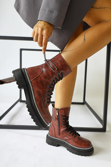 Dylan – Burgundy Shiny-Piped Ankle-Strap Combat Boot (Women)