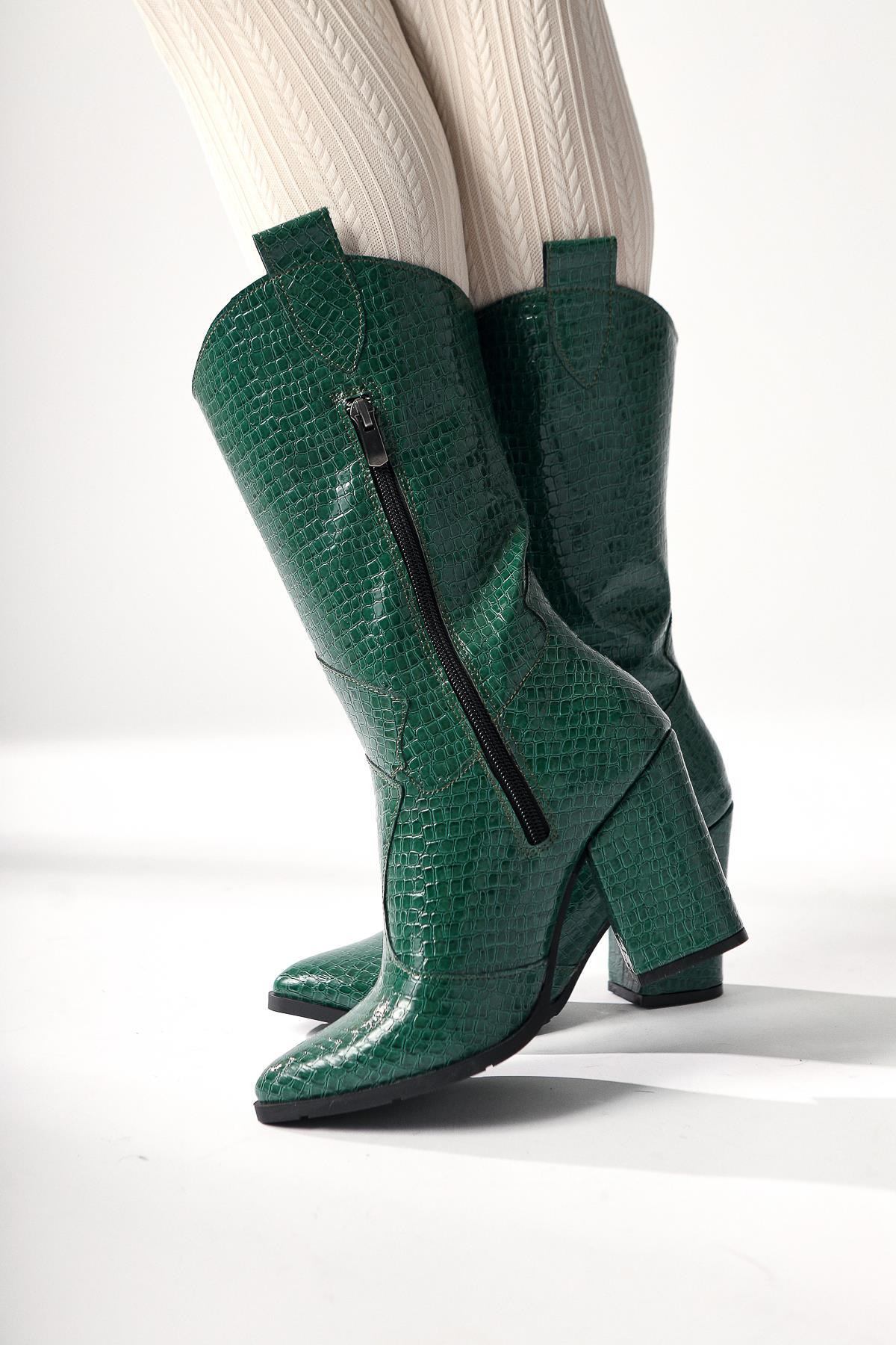 Keri Green Crocodile Asymmetric Cut Heeled Ankle Boot