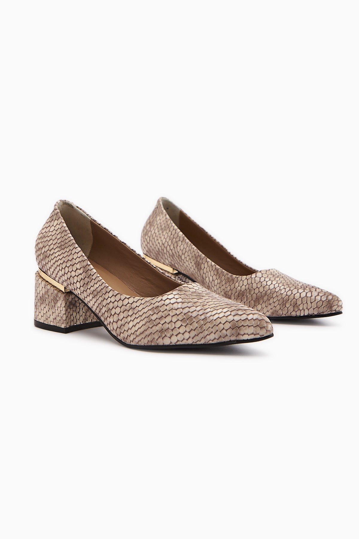 Emelia – Genuine Leather Beige Snake-Print Heeled Shoe (Women)