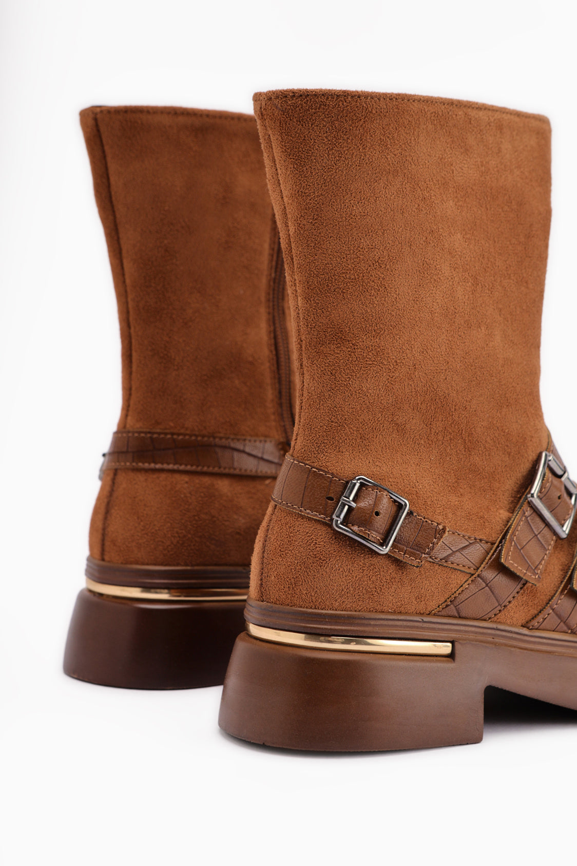 Mieke Tan Suede Double Buckle Zipper Women’s Boots