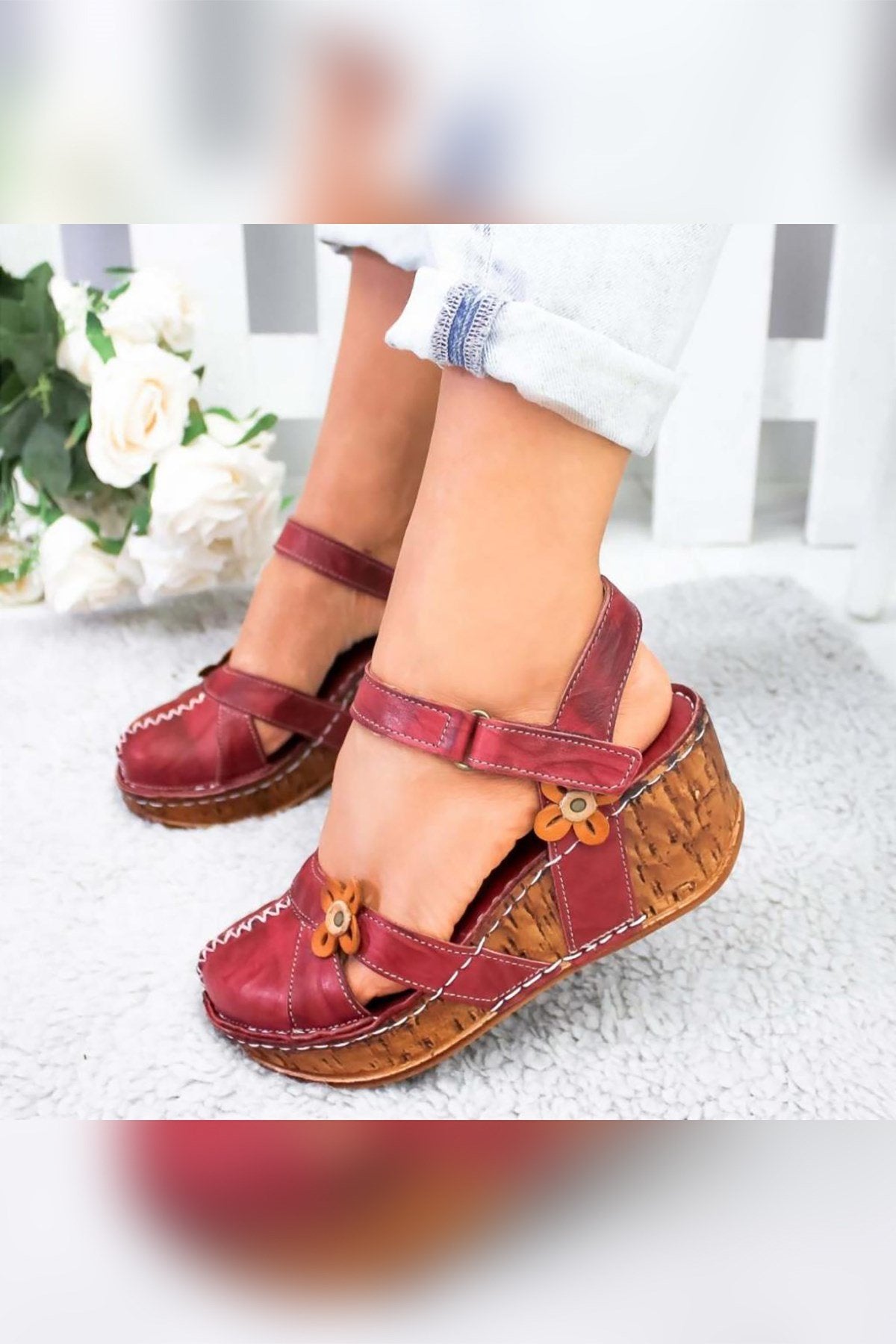 Katlyn Genuine Leather Burgundy Sandals with Floral Detail and Chunky Heel