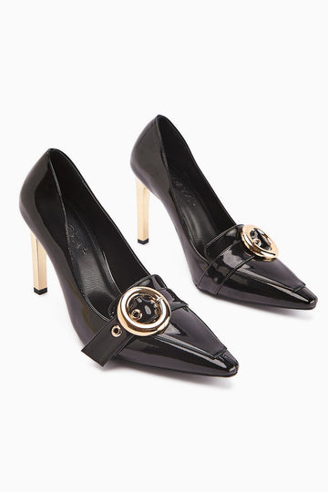 Elisar Black Patent Leather Belt Detail Women's High Heels