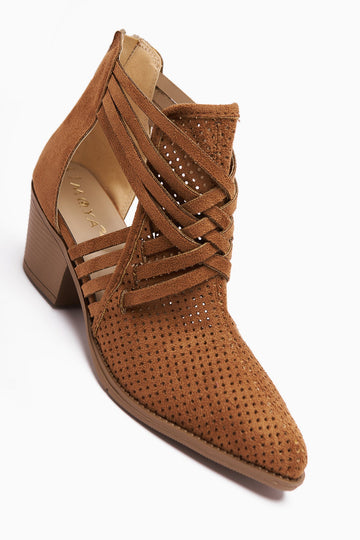 Kimia – Cognac Suede Zippered Block Heel Western Summer Boot (Women)