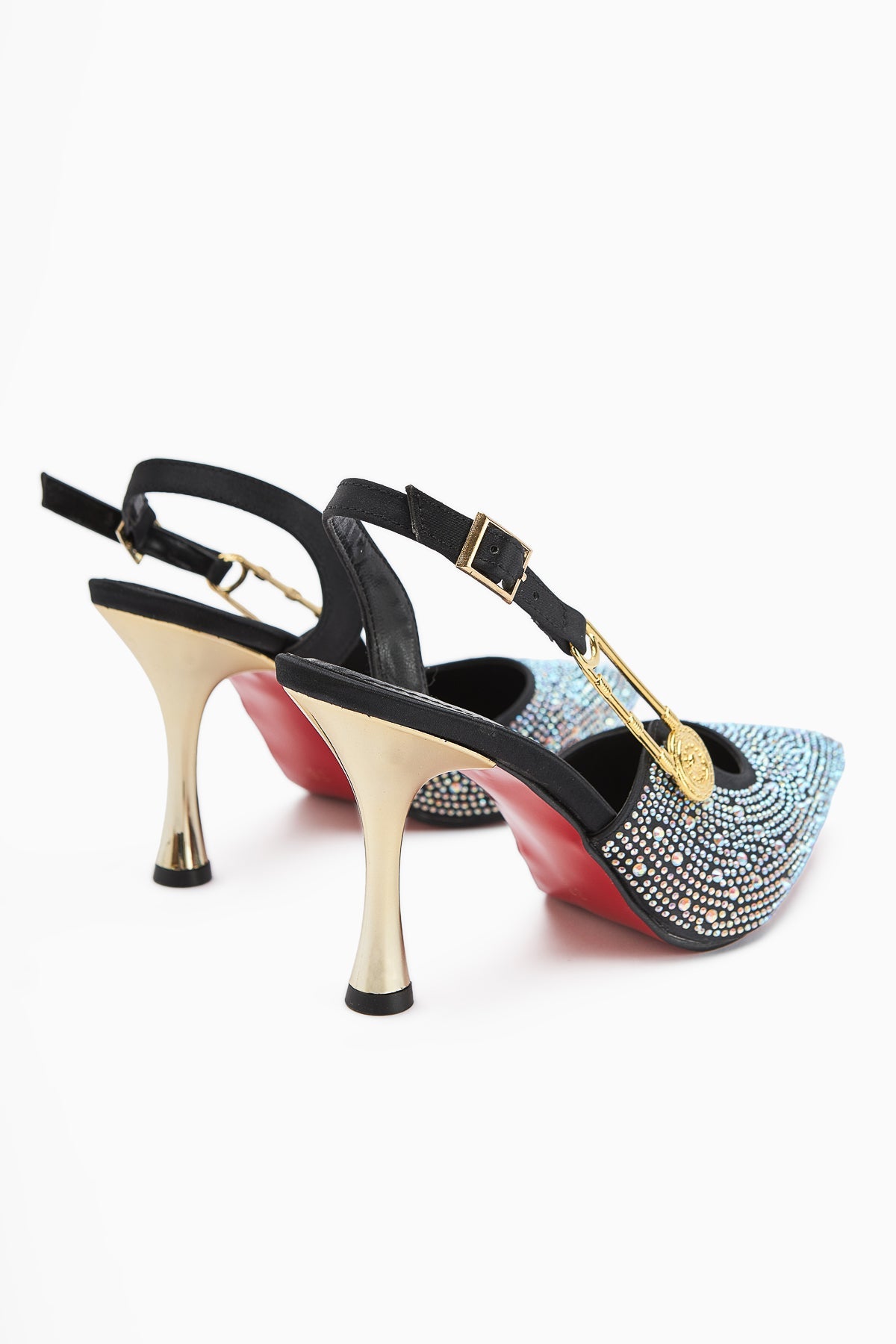 Denise – Silver; Beige/Light-Gold Tones Stone-Embellished Shiny Ankle-Tie Pointed-Toe Slim Heel Open-Back Ankle-Strap Gold-Chain Side Accessory Shoe (Women)