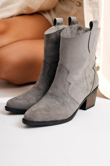 Joo – Gray Suede Pointed-Toe Embroidered Western Boot (Women)