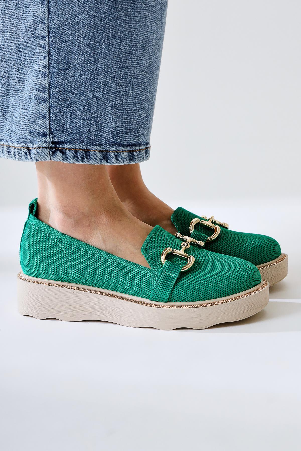 Thien – Green Perforated Textile Buckle-Detail Stone-Detail Casual Shoe (Women)